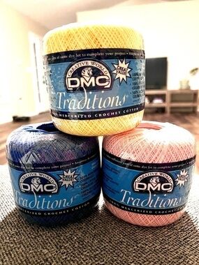 DMC Traditions Mercerized Crochet Cotton Trio - Yellow, Blue, Pink 2 oz. each.